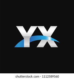 Initial letter YX, overlapping movement swoosh logo, metal silver blue color on black background