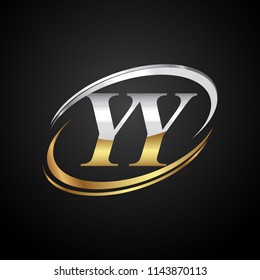 initial letter YY logotype company name colored gold and silver swoosh design. isolated on black background.
