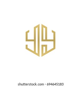 Initial letter YY, minimalist line art hexagon shape logo, gold color