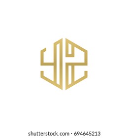 Initial letter YZ, minimalist line art hexagon shape logo, gold color