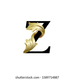 Initial letter Z, 3D luxury golden leaf overlapping black sherif font on white background