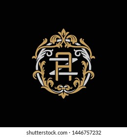 Initial letter Z and A, ZA, AZ, decorative ornament emblem badge, overlapping monogram logo, elegant luxury silver gold color on black background