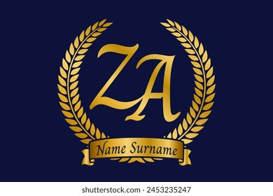 Initial letter Z and A, ZA monogram logo design with laurel wreath. Luxury golden calligraphy font.