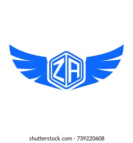Initial Letter Z, A, ZA Wings Design Logo with Blue Color