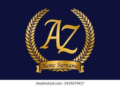 Initial letter A and Z, AZ monogram logo design with laurel wreath. Luxury golden emblem with calligraphy font.