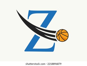 Initial Letter Z Basketball Logo Concept With Moving Basketball Icon. Basket Ball Logotype Symbol Vector Template