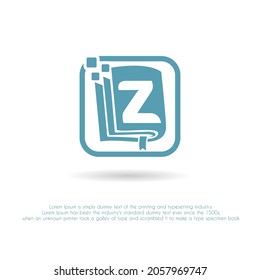 Letra inicial z con ícono de libro y píxel para libro digital, libro electrónico, e-learning, educación, tecnología, aplicaciones de literatura, librería, empresa editorial Idea de logotipo