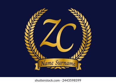 Initial letter Z and C, ZC monogram logo design with laurel wreath. Luxury golden calligraphy font.
