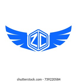 Initial Letter Z, C, ZC Wings Design Logo with Blue Color