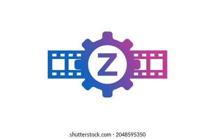 Initial Letter Z Gear Cog Wheel with Reel Stripes Filmstrip for Film Movie Cinema Production Studio Logo Inspiration
