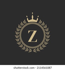 Initial Letter Z Heraldic Royal Frame with Crown and Laurel Wreath. Simple Classic Emblem. Round Composition. Graphics Style. Art Elements for Logo Design Vector Illustration