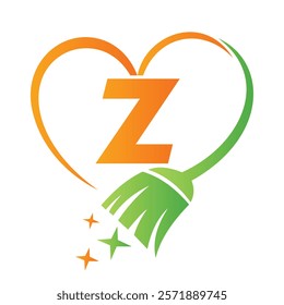 Initial Letter Z House Clean Logo Concept With Cleaning Brush and Heart Symbol. Broom Sign