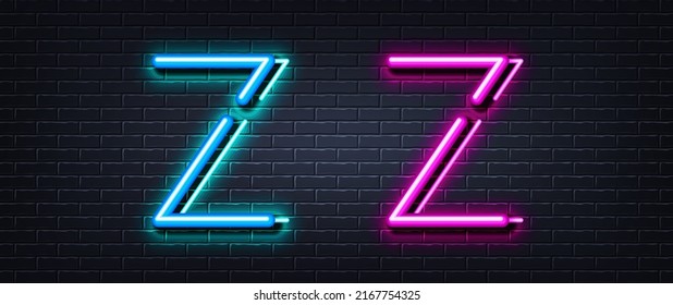 Initial letter Z icon. Neon light line effect. Line typography character sign. Large first font letter. Glowing neon light element. Letter Z glow 3d line. Brick wall banner. Vector