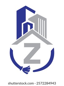 Initial Letter Z Industrial Cleaning Logo Concept With Cleaning Brush and Building Symbol. Broom Sign