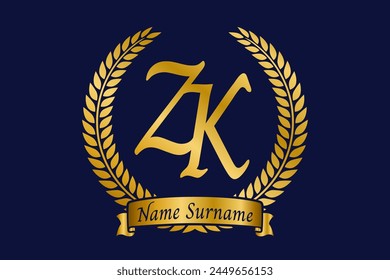 Initial letter Z and K, ZK monogram logo design with laurel wreath. Luxury golden calligraphy font.