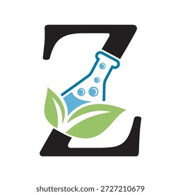 Diseño inicial del logotipo del laboratorio de la letra Z combinado con el símbolo del tubo de ensayo y de la hoja