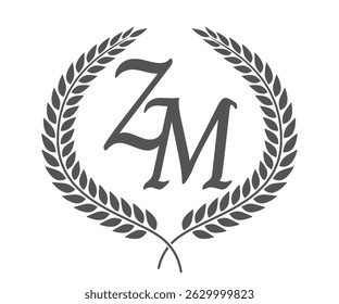 Initial letter Z and M, ZM monogram logo design with laurel wreath. Luxury calligraphy font.