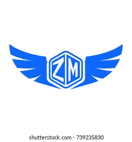 Initial Letter Z, M, ZM Hexagonal Logo Design with Wings Icon and Blue Colored