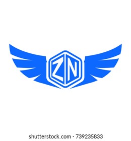 Initial Letter Z, N, ZN Hexagonal Logo Design with Wings Icon and Blue Colored