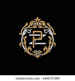 Initial letter Z and P, ZP, PZ, decorative ornament emblem badge, overlapping monogram logo, elegant luxury silver gold color on black background