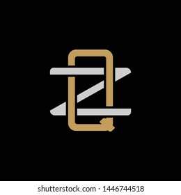 Initial letter Z and Q, ZQ, QZ, overlapping interlock logo, monogram line art style, silver gold on black background