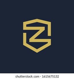 initial Letter Z with Shield frame line art element. Shield Line geometry  for Security logo. Logo Icon Template for Web and Business Card, Letter Logo Template on Black Background. - vector