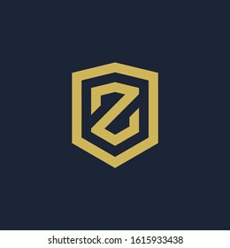 initial Letter Z with Shield frame line art element. Shield Line geometry  for Security logo. Logo Icon Template for Web and Business Card, Letter Logo Template on Black Background. - vector