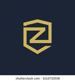 initial Letter Z with Shield frame line art element. Shield Line geometry  for Security logo. Logo Icon Template for Web and Business Card, Letter Logo Template on Black Background. - vector