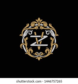 Initial letter Z and V, ZV, VZ, decorative ornament emblem badge, overlapping monogram logo, elegant luxury silver gold color on black background