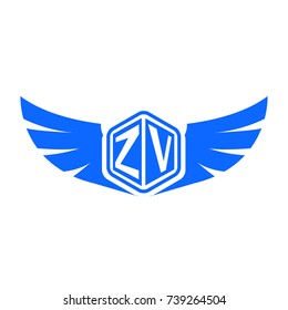 Initial Letter Z, V, ZV Hexagonal Shape Logo Design with Wings Icon