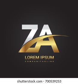 initial letter ZA logotype company name colored gold and silver swoosh design. isolated on black background.