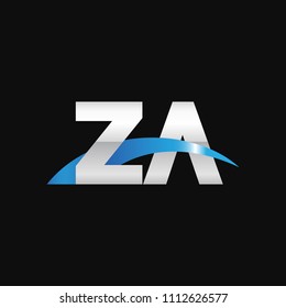 Initial letter ZA, overlapping movement swoosh logo, metal silver blue color on black background