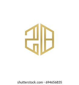 Initial letter ZB, minimalist line art hexagon shape logo, gold color