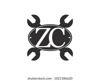 Initial letter ZC logo automotive club with crossed wrench black