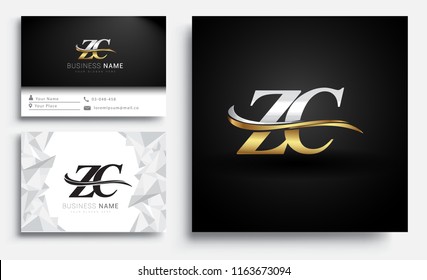 initial letter ZC logotype company name colored gold and silver swoosh design. Vector sets for business identity on white background.