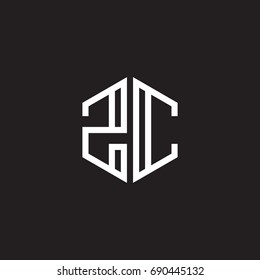 Initial letter ZC, minimalist line art monogram hexagon shape logo, white color on black background