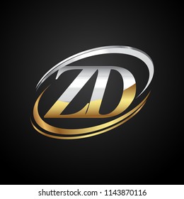 initial letter ZD logotype company name colored gold and silver swoosh design. isolated on black background.