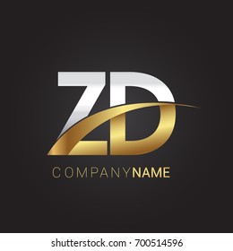 initial letter ZD logotype company name colored gold and silver swoosh design. isolated on black background.