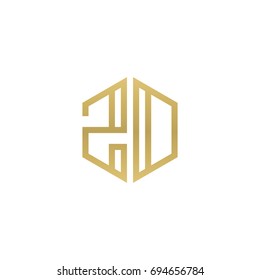 Initial letter ZD, ZO, minimalist line art hexagon shape logo, gold color