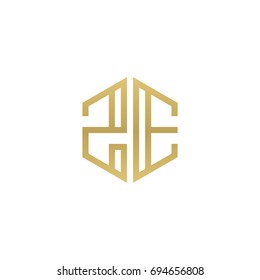 Initial letter ZE, minimalist line art hexagon shape logo, gold color