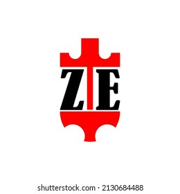 Initial letter ZE red crown shield simple logo. Minimal and unique.
