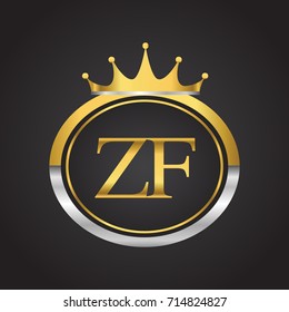 initial letter ZF logotype company name with oval shape and crown, gold and silver color. vector logo for business and company identity.