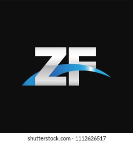 Initial letter ZF, overlapping movement swoosh logo, metal silver blue color on black background