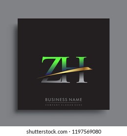 initial letter ZH logotype company name colored green and gold swoosh design. vector logo for business and company