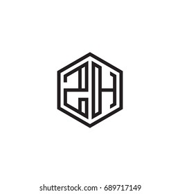 Initial letter ZH, minimalist line art monogram hexagon logo, black color