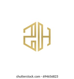 Initial letter ZH, minimalist line art hexagon shape logo, gold color
