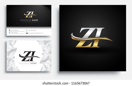 initial letter ZI logotype company name colored gold and silver swoosh design. Vector sets for business identity on white background.