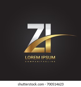 initial letter ZI logotype company name colored gold and silver swoosh design. isolated on black background.