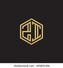 Initial letter ZI, minimalist line art hexagon logo, gold color on black background