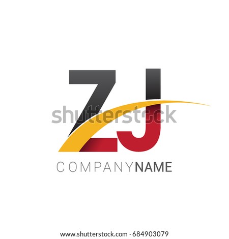 initial letter ZJ logotype company name colored red, black and yellow swoosh design. isolated on white background.
